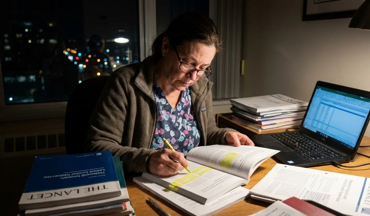 Kvinde læser lægefaglige artikler sent om aftenen